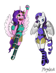 Size: 786x1017 | Tagged: safe, artist:megabro16, imported from derpibooru, pipp petals, rarity, alicorn, anthro, alicornified, clothes, flying, g5, happy, jetpack, leotard, pippcorn, race swap, raricorn, simple background, white background