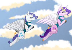 Size: 580x400 | Tagged: safe, artist:bubbastudios, imported from derpibooru, pipp petals, rarity, alicorn, alicornified, clothes, flying, g5, jetpack, leotard, pippcorn, race swap, raricorn, sky, sky background