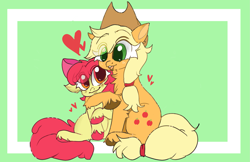 Size: 2085x1353 | Tagged: safe, artist:honeywist, imported from derpibooru, apple bloom, applejack, earth pony, pony, apple sisters, female, filly, foal, heart, hug, mare, siblings, simple background, sisters, smiling, unshorn fetlocks