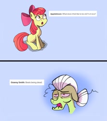 Size: 1920x2160 | Tagged: safe, artist:refinedspecimen, imported from derpibooru, apple bloom, granny smith, earth pony, pony, 2 panel comic, comic, female, filly, foal, mare, text