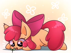 Size: 1451x1099 | Tagged: safe, artist:namaenonaipony, imported from derpibooru, apple bloom, earth pony, pony, adorabloom, cute, female, filly, foal, lying down, open mouth, plant, prone, solo, sprout