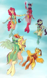 Size: 1200x2000 | Tagged: safe, artist:dreamieldreammy, imported from derpibooru, applejack, fluttershy, pinkie pie, rainbow dash, rarity, twilight sparkle, alicorn, anthro, alicorn six, alicornified, applecorn, clothes, fluttercorn, flying, grin, happy, holding a pony, jetpack, leotard, mane six, pinkiecorn, race swap, rainbowcorn, raricorn, scared, sky, sky background, smiling, twilight sparkle (alicorn), xk-class end-of-the-world scenario