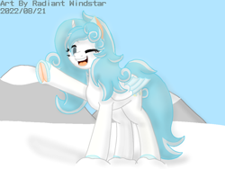 Size: 1024x768 | Tagged: safe, artist:radiant windstar, imported from derpibooru, oc, oc:edelweiss, alicorn, original species, alicorn oc, horn, looking at you, one eye closed, snow, solo, waving at you, wings, wink, winking at you