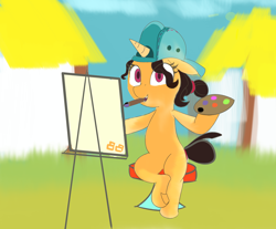 Size: 1280x1060 | Tagged: safe, artist:boxybrown, imported from derpibooru, fresh coat, unicorn, backwards ballcap, baseball cap, bipedal, brush, cap, easel, hat, mouth hold, painting, solo