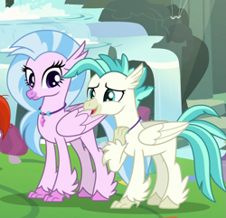 Size: 745x718 | Tagged: safe, imported from derpibooru, screencap, silverstream, terramar, classical hippogriff, hippogriff, student counsel, brother and sister, colored hooves, cropped, cute, diastreamies, duo, female, jewelry, male, necklace, siblings, terrabetes