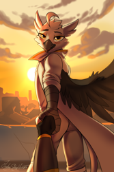 Size: 2000x3000 | Tagged: safe, artist:jedayskayvoker, imported from derpibooru, oc, oc:nocturne star, oc:tristan alastair, anthro, griffon, anthro oc, beak, bedroom eyes, blushing, city, cityscape, clothes, colored, colored sketch, cute, eyebrows, full color, griffon oc, holding hands, looking at you, male, offscreen character, pov, sketch, smiling, smiling at you, solo, spread wings, sunset, uniform, wings