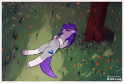 Size: 2824x1900 | Tagged: safe, artist:autumnsfur, imported from derpibooru, oc, oc only, oc:glitter stone, earth pony, pony, artwork, autumn, blue eyes, digital art, earth pony oc, evening, female, female oc, g4, g5, grass, gray coat, grey fur, hair over one eye, hooves, hooves on chest, leaves, logo, long hair, long mane, looking at the sky, lying down, mare, nature, orange leaves, outline, pony oc, purple hair, purple mane, relaxing, shade, signature, solo, tree, trunk, under the tree, white outline