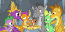 Size: 3557x1762 | Tagged: safe, artist:porygon2z, imported from derpibooru, smolder, spike, oc, oc:draco axel, oc:jade, oc:singe, oc:topaz, dragon, baby, baby dragon, crossover, crying, dracolder, family, father and child, father and son, female, male, mother and child, mother and son, offspring, parent:oc:draco axel, parent:smolder, parents:canon x oc, parents:dracolder, spyro the dragon, spyro the dragon (series), tears of joy