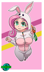 Size: 925x1500 | Tagged: safe, artist:joruze, imported from derpibooru, fluttershy, human, equestria girls, animal costume, breasts, bunny costume, bunny ears, busty fluttershy, carrot, clothes, cosplay, costume, cute, food, heart, heart eyes, human coloration, kigurumi, wingding eyes, zipper