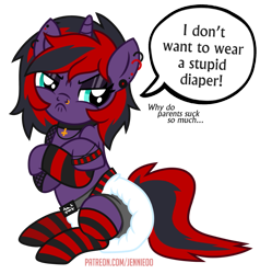 Size: 761x800 | Tagged: safe, artist:jennieoo, imported from derpibooru, oc, oc only, oc:charming dazz, earth pony, pony, angry, clothes, diaper, diaper fetish, emo, eyeshadow, female, fetish, goth, gothic, makeup, mare, non-baby in diaper, patreon, patreon reward, piercing, show accurate, simple background, socks, solo, stockings, striped socks, thigh highs, transparent background, vector