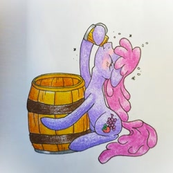 Size: 1032x1032 | Tagged: safe, artist:mintytreble, imported from derpibooru, berry punch, berryshine, earth pony, pony, alcohol, apple cider, barrel, cider, cider mug, drunk, drunk bubbles, female, go home you're drunk, mare, mug, solo, traditional art