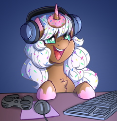 Size: 2976x3092 | Tagged: safe, artist:witchtaunter, imported from derpibooru, oc, oc:donut daydream, pony, unicorn, chest fluff, commission, computer mouse, controller, cute, desk, donut, female, food, gamer, happy, headphones, horn, keyboard, mare, mousepad, open mouth, open smile, smiling, solo, sprinkles, the uses of unicorn horns