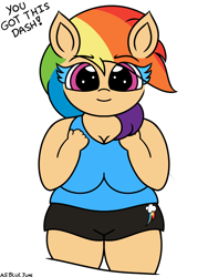 Size: 2304x3072 | Tagged: safe, artist:msbluejune, imported from derpibooru, rainbow dash, anthro, big breasts, breasts, female, furry, human coloration, looking at you, mare, motivation, no tail, signature, simple background, solo, thighs, white background, wingless, workout outfit