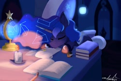 Size: 3000x2000 | Tagged: safe, artist:aurorafang, imported from derpibooru, princess luna, alicorn, pony, bedroom, book, candle, constellation, desk, female, mare, signature, sleeping