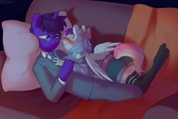 Size: 1507x1009 | Tagged: safe, artist:enderselyatdark, imported from derpibooru, oc, oc only, oc:blazey sketch, oc:trey, anthro, pegasus, unicorn, blanket, blue eyes, blue suit, blushing, bow, clothes, couch, couple, cuddling, duo, eyes closed, grey fur, hair bow, horn, multicolored hair, pegasus oc, purple fur, purple hair, shorts, simple background, smiling, socks, sweater, thigh highs, unicorn oc