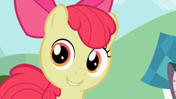 Size: 1920x1080 | Tagged: safe, imported from derpibooru, screencap, apple bloom, earth pony, pony, season 2, the cutie pox, 1080p, adorabloom, animation error, cute, female, filly, foal, looking at each other, looking at someone, looking at you, no eyelashes, smiling, smiling at you, solo