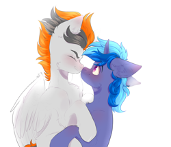 Size: 2508x2148 | Tagged: safe, artist:kiskka, imported from derpibooru, oc, oc only, oc:midnight nova, oc:sukko, pegasus, pony, unicorn, blushing, boop, commission, cute, duo, gay, male, noseboop, nuzzling, oc x oc, shipping, simple background, stallion, white background, ych result