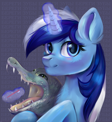 Size: 5400x5900 | Tagged: safe, artist:ske, imported from derpibooru, minuette, crocodile, pony, unicorn, absurd resolution, female, magic, mare, redraw, solo, toothbrush