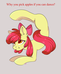 Size: 2400x2900 | Tagged: safe, artist:ske, imported from derpibooru, apple bloom, earth pony, pony, backbend, ear fluff, female, filly, flexible, foal, simple background, solo, text