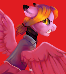 Size: 4776x5292 | Tagged: safe, artist:ske, imported from derpibooru, oc, oc only, pegasus, pony, angry, gritted teeth, looking at you, looking back, looking back at you, red background, simple background, solo, spread wings, teeth, trade, wings