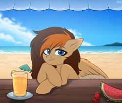 Size: 1920x1624 | Tagged: safe, artist:alunedoodle, imported from derpibooru, oc, oc only, oc:aerion featherquill, pegasus, pony, beach, commission, drink, female, food, looking at you, mare, ocean, solo, table, umbrella, water, watermelon, ych result