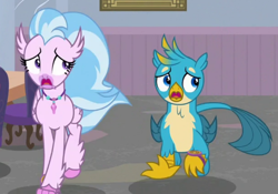 Size: 920x643 | Tagged: safe, imported from derpibooru, screencap, gallus, silverstream, classical hippogriff, griffon, hippogriff, a matter of principals, cropped, duo, female, jewelry, male, necklace, running, scared