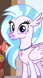 Size: 406x736 | Tagged: safe, imported from derpibooru, screencap, silverstream, yona, classical hippogriff, hippogriff, yak, a matter of principals, cropped, cute, diastreamies, jewelry, looking at you, necklace, offscreen character, solo focus