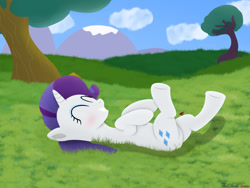 Size: 1280x960 | Tagged: safe, artist:thedarktercio, imported from derpibooru, rarity, pony, unicorn, blushing, butt, cloud, cute, eyes closed, grass, horses doing horse things, lying down, on back, plot, raribetes, sky, smiling, solo, tree