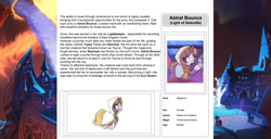 Size: 1586x815 | Tagged: safe, artist:lummh, artist:ternonadime, imported from derpibooru, oc, oc only, oc:astral bounce, pony, comic:the lost sun, magicorn, reference sheet, solo, solo focus, text, wiki