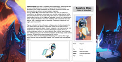 Size: 1586x815 | Tagged: safe, artist:lummh, artist:ternonadime, imported from derpibooru, oc, oc only, oc:sapphire skies, pony, comic:the lost sun, magicorn, reference sheet, solo, solo focus, text, wiki