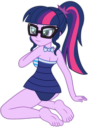 Size: 4616x6685 | Tagged: safe, artist:emeraldblast63, imported from derpibooru, sci-twi, twilight sparkle, human, equestria girls, equestria girls series, forgotten friendship, ass, bare shoulders, barefoot, beach, beach shorts swimsuit, breasts, butt, clothes, feet, female, glasses, looking back, looking over shoulder, sci-twi swimsuit, sci-twibutt, sexy, simple background, soles, solo, stupid sexy sci-twi, swimsuit, transparent background