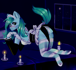 Size: 4900x4540 | Tagged: safe, alternate version, artist:ske, imported from derpibooru, oc, oc only, oc:mintya, anthro, earth pony, unguligrade anthro, bed, candle, clothes, commission, maid, multiple variants, socks, solo, striped socks, window