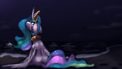 Size: 3840x2160 | Tagged: safe, artist:aliceg, imported from derpibooru, princess celestia, alicorn, pony, beach, black background, crying, female, g4, mare, simple background, solo