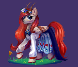 Size: 2200x1900 | Tagged: safe, artist:ske, imported from derpibooru, oc, oc only, hybrid, pegasus, pony, antlers, blushing, floral head wreath, flower, redraw, solo, trade