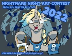 Size: 1167x905 | Tagged: safe, artist:firelorda2, imported from derpibooru, oc, oc only, oc:orenda azure, bat, pony, unicorn, bag, candy bag, contest, discord (program), glowing, glowing eyes, hoof hold, link in description, nightmare night, sombra eyes