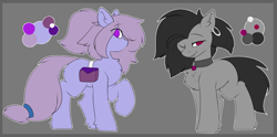 Size: 2859x1419 | Tagged: safe, artist:beardie, imported from derpibooru, oc, oc only, pony, bag, character design, chest fluff, collar, duo, gray background, saddle bag, simple background