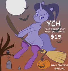 Size: 4800x5000 | Tagged: safe, artist:queenkittyok, artist:tatemil, imported from derpibooru, bat, bird, owl, pony, broom, clothes, commission, flying, flying broomstick, gravestone, halloween, hat, holiday, jack-o-lantern, moon, pumpkin, socks, solo, witch hat, your character here