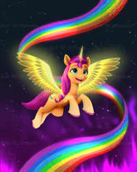 Size: 1506x1884 | Tagged: safe, artist:darksly, imported from derpibooru, sunny starscout, alicorn, pony, alicornified, cute, female, flying, g5, mare, markings, my little pony: a new generation, night, open mouth, race swap, rainbow, solo, stars, sunnybetes, sunnycorn, unshorn fetlocks, watermark