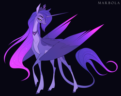 Size: 3541x2800 | Tagged: safe, artist:marbola, imported from derpibooru, princess luna, alicorn, pony, alternate design, black background, female, horn, large wings, leonine tail, lidded eyes, long horn, long neck, mare, raised hoof, simple background, solo, tail, wings