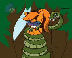 Size: 7500x6000 | Tagged: safe, artist:lunahazacookie, imported from derpibooru, oc, oc:lancia, anthro, earth pony, snake, coils, constriction, eyes closed, female, fetish, forest, gritted teeth, squeezing, sweat, sweatdrops, teeth, tree