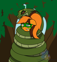 Size: 6000x6500 | Tagged: safe, artist:lunahazacookie, imported from derpibooru, oc, oc:lancia, anthro, earth pony, snake, coils, drool, earth pony oc, forest, hypno eyes, kaa eyes, lip bite, tree