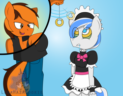 Size: 7000x5500 | Tagged: safe, artist:lunahazacookie, imported from derpibooru, oc, oc only, oc:alex holmes, oc:mercfox, anthro, earth pony, clothes, crossdressing, drool, duo, earth pony oc, fetish, gradient background, hypno eyes, hypnosis, kaa eyes, maid, maid headdress, male, mind control, pants, pendulum swing, swirly eyes