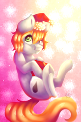 Size: 2000x3000 | Tagged: safe, artist:prettyshinegp, imported from derpibooru, oc, oc only, earth pony, pony, abstract background, christmas, earth pony oc, hat, holiday, male, santa hat, smiling, solo, stallion, underhoof