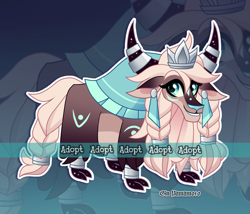 Size: 2493x2133 | Tagged: safe, artist:gkolae, imported from derpibooru, oc, oc only, yak, braid, braided tail, cloven hooves, crown, horns, jewelry, looking at you, regalia, smiling, tail, yak oc, zoom layer