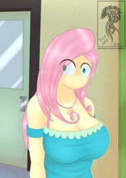 Size: 1240x1754 | Tagged: safe, artist:wolfjarl, imported from derpibooru, fluttershy, human, equestria girls, big breasts, breasts, busty fluttershy, canterlot high, cleavage, eye clipping through hair, female, flutter can't communicate, geode of fauna, hallway, humanized, komi can't communicate, komi-san, magical geodes, no mouth, no nose, scared, solo