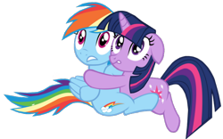 Size: 800x498 | Tagged: safe, artist:benpictures1, imported from derpibooru, rainbow dash, twilight sparkle, pegasus, pony, unicorn, dragonshy, cute, duo, duo female, female, floppy ears, hug, inkscape, scared, simple background, transparent background, unicorn twilight, vector