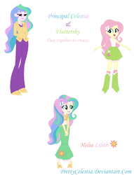 Size: 978x1277 | Tagged: safe, artist:prettycelestia, imported from twibooru, fluttershy, princess celestia, oc, oc:helia lilith, equestria girls, clothes, fusion, image, long skirt, png, principal celestia, skirt