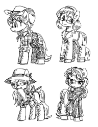 Size: 400x520 | Tagged: safe, artist:plunger, oc, oc only, earth pony, pony, unicorn, clothes, female, females only, hat, mare, monochrome