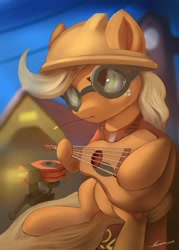 Size: 1463x2048 | Tagged: safe, artist:auroriia, imported from ponybooru, applejack, earth pony, engineer, goggles, guitar, helmet, musical instrument, sentry, straw in mouth, team fortress 2