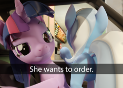 Size: 3840x2768 | Tagged: safe, artist:xppp1n, imported from ponybooru, trixie, twilight sparkle, pony, 3d, blender, blender cycles, butt, drive thru, he wants to order, mcdonald's, meme, plot, ponified, ponified meme, snapchat